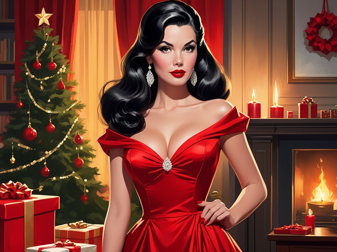 Elegant Woman in Festive Room with Christmas Decor