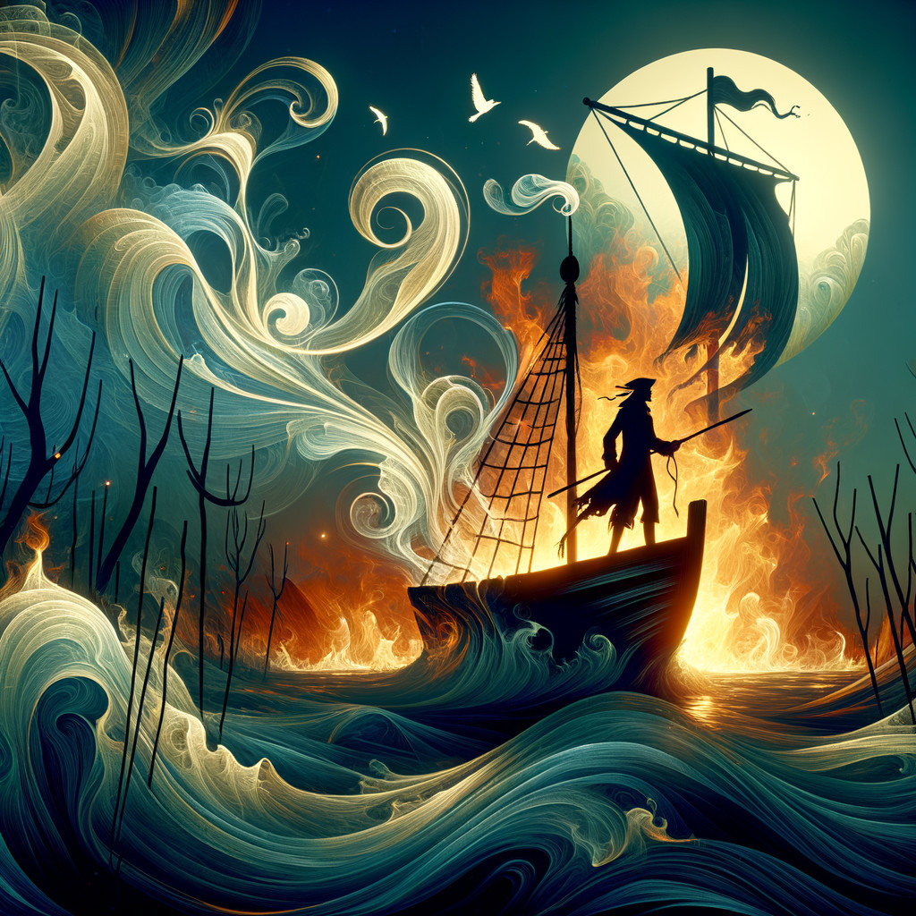Silhouetted Figure on Ship Amidst Tumultuous Waves