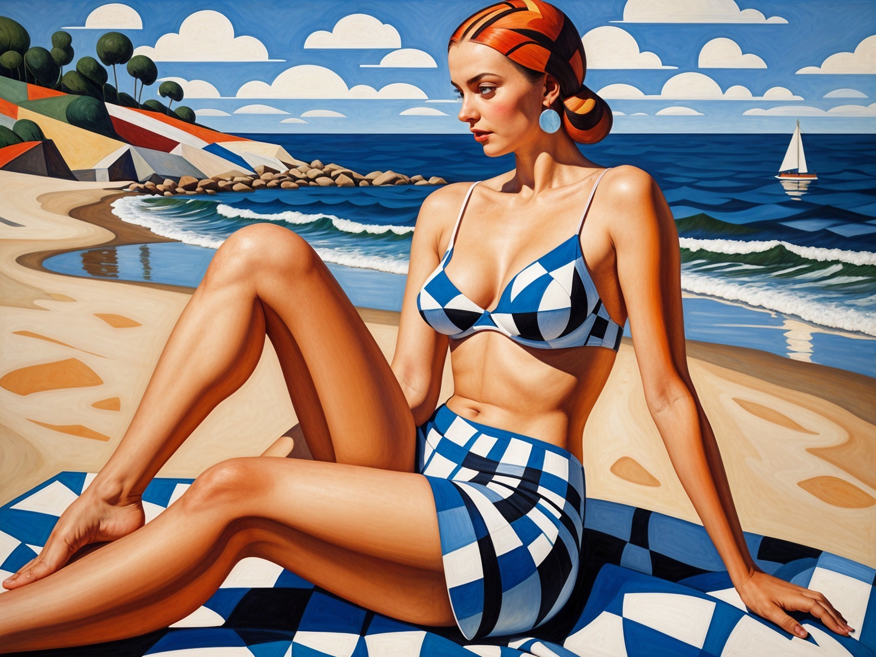 Woman on Beach Towel with Checkered Pattern and Coastline