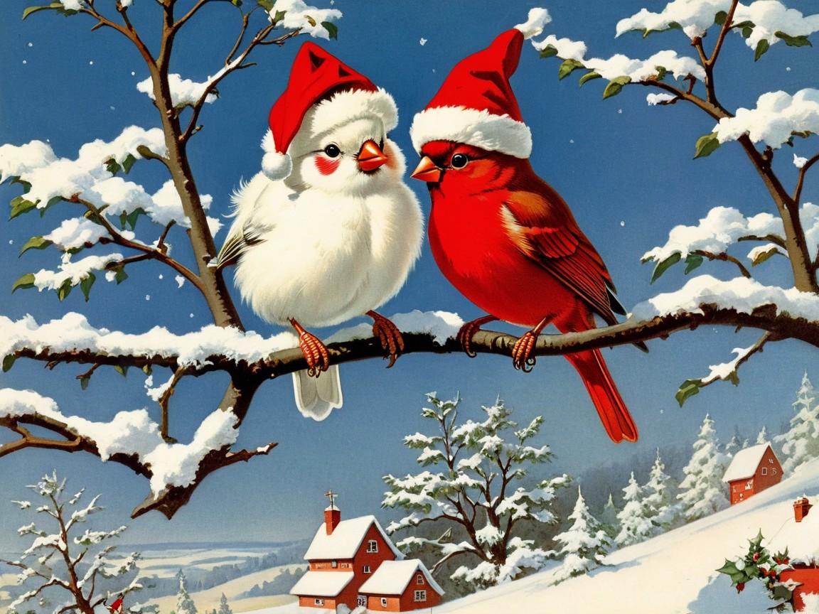 Festive Birds on Snowy Branch Under Winter Sky