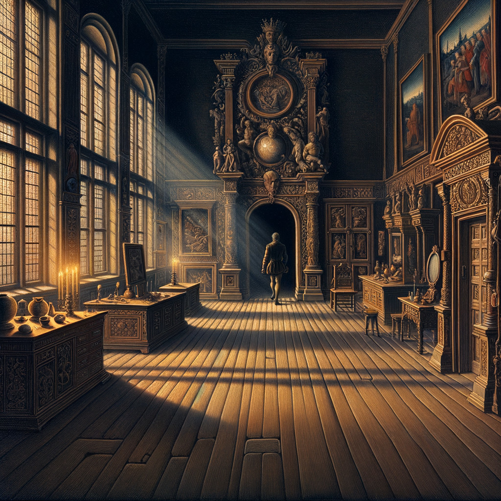 Dimly Lit Room with Wooden Paneling and Artifacts
