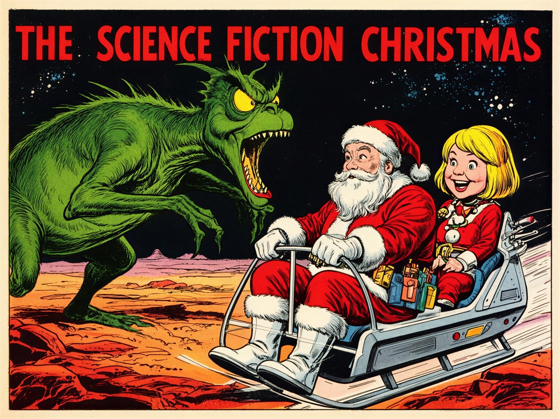 Retro Comic Cover Featuring Alien and Santa in Sleigh