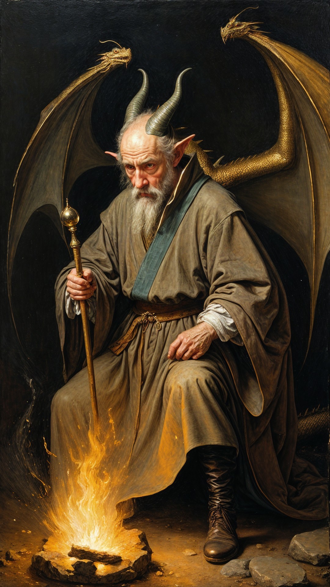 Mystical figure resembling a sorcerer beside a fire