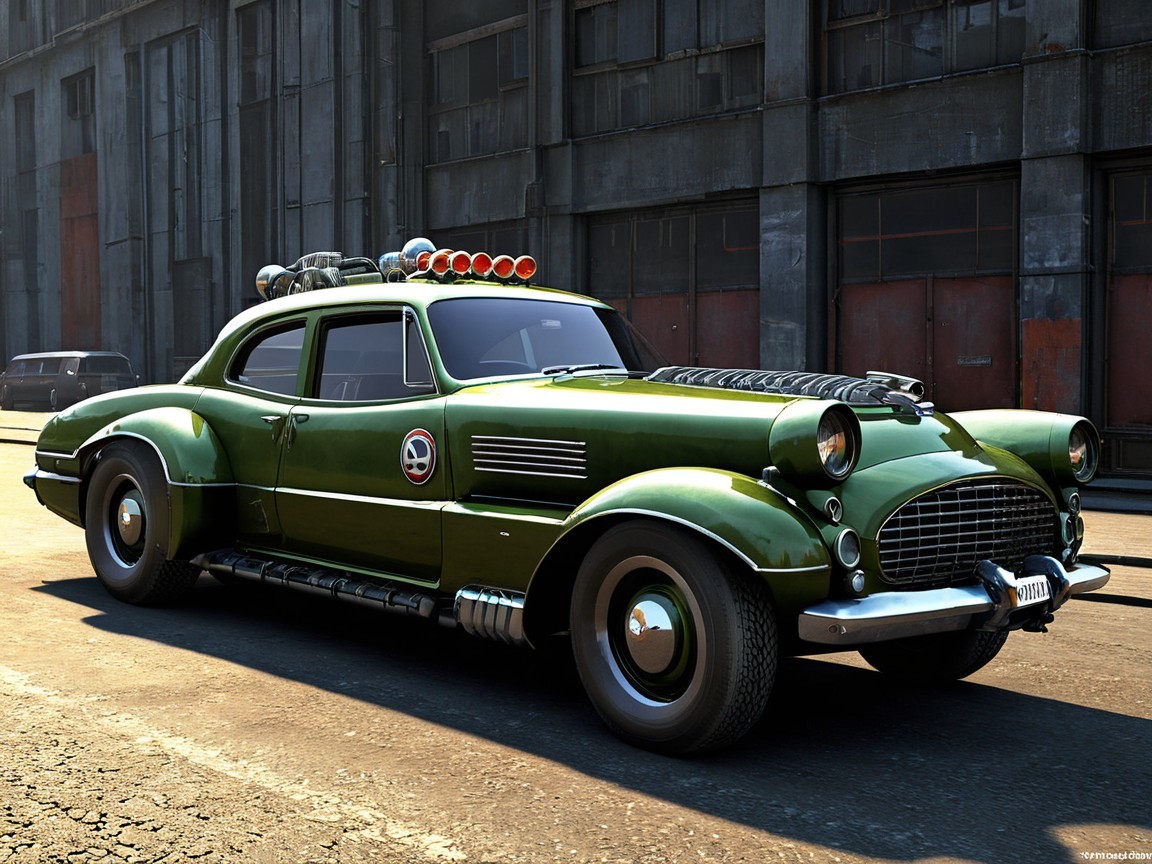 Vintage Green Car with Retro Design in Urban Setting