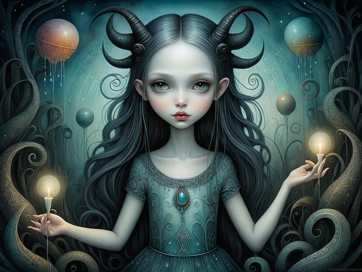 Whimsical Girl in Mystical Environment with Flames