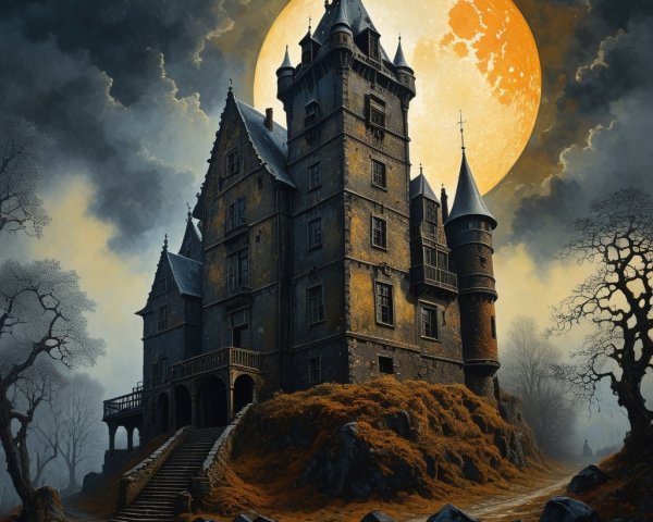 Gothic Castle Under Glowing Moon with Eerie Atmosphere