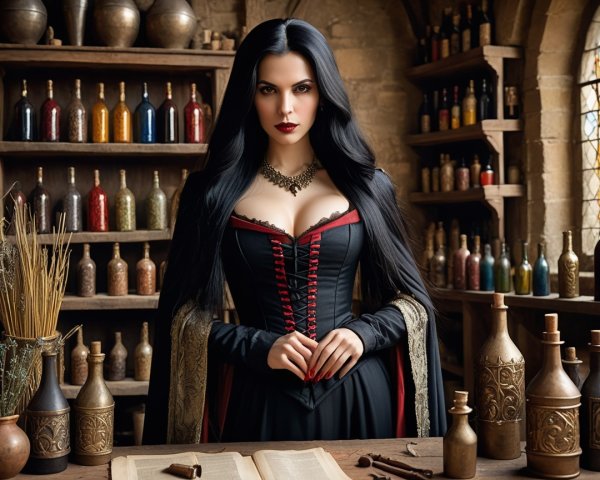 Gothic Woman in Medieval Room with Potions and Books