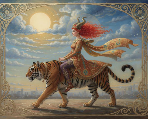 Woman Riding Tiger in Cityscape at Dawn or Dusk
