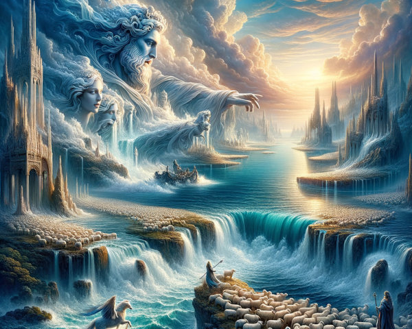 Mystical Landscape with Ethereal Figures and Waterfalls