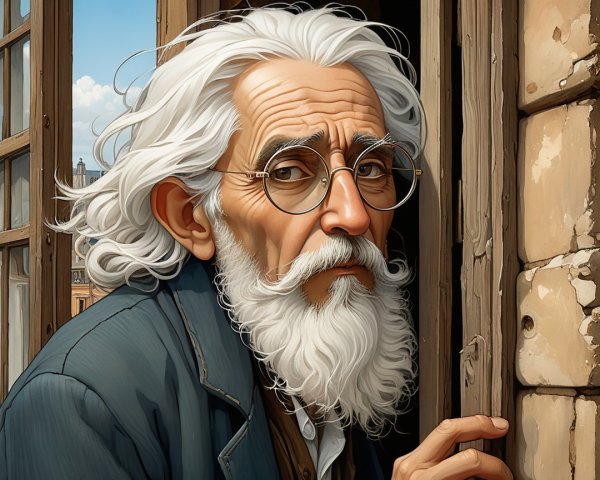Elderly Man with White Hair at Open Window Contemplating