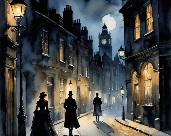 Misty Night Street with Vintage Gas Lamps and Figures
