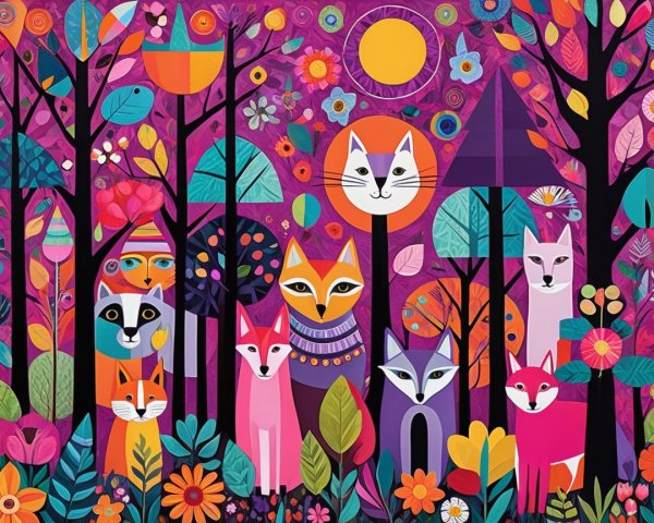 Vibrant Folk Art Forest Scene with Colorful Animals