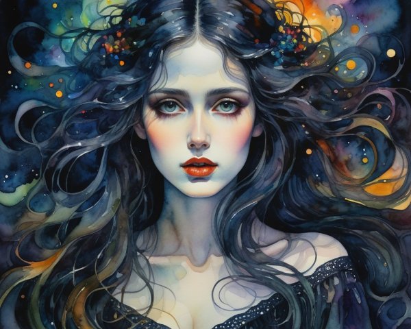 Portrait of a Young Woman with Cosmic Watercolor Background