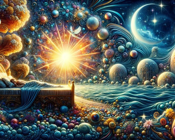 Surreal Dreamscape with Bed by Ocean at Night