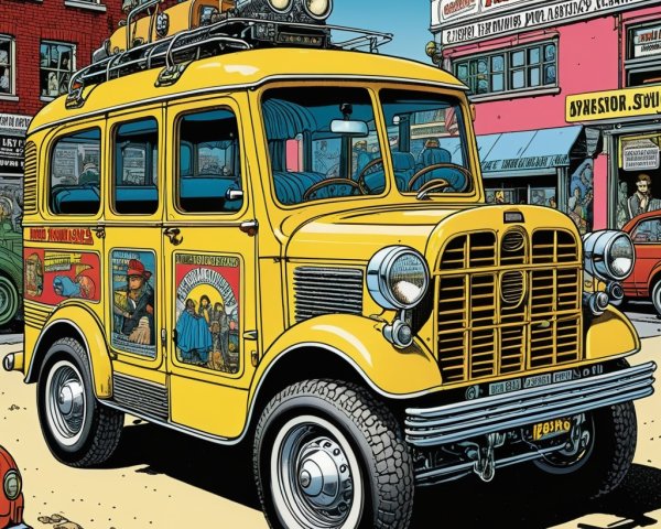 Vintage Yellow Bus with Colorful Murals in Urban Scene