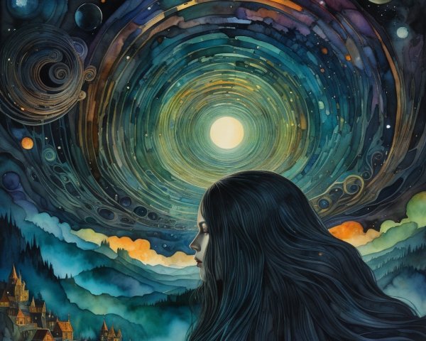 Surreal Landscape with Woman and Vibrant Night Sky