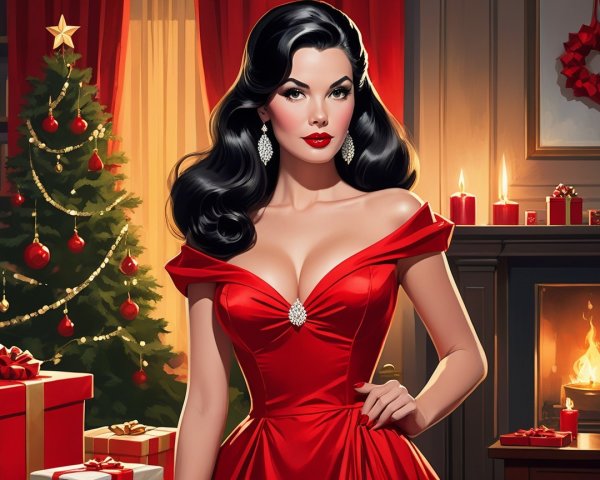 Elegant Woman in Festive Room with Christmas Decor