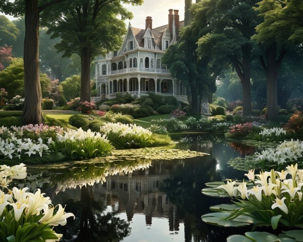 Victorian Mansion with Manicured Garden and Pond