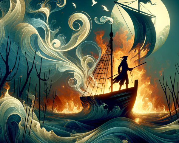 Silhouetted Figure on Ship Amidst Tumultuous Waves