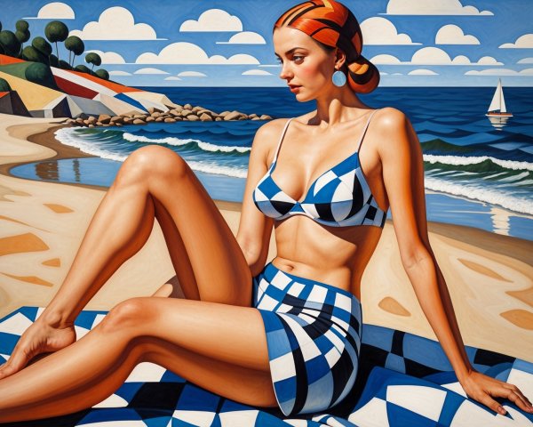 Woman on Beach Towel with Checkered Pattern and Coastline