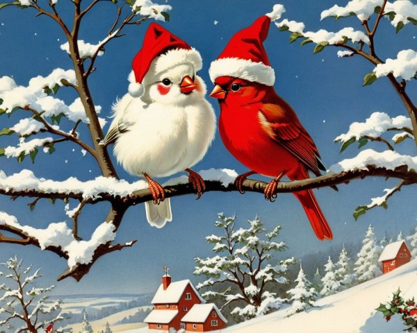 Festive Birds on Snowy Branch Under Winter Sky