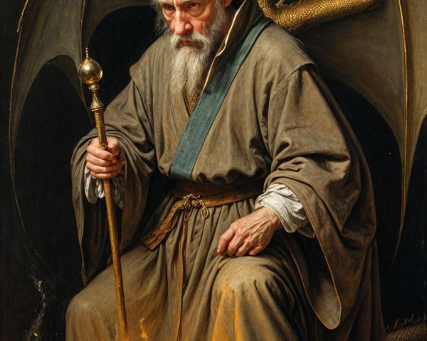 Mystical figure resembling a sorcerer beside a fire