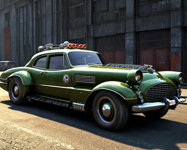 Vintage Green Car with Retro Design in Urban Setting