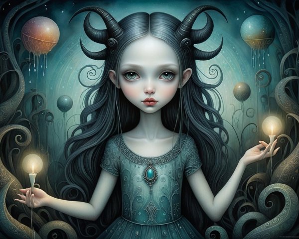 Whimsical Girl in Mystical Environment with Flames