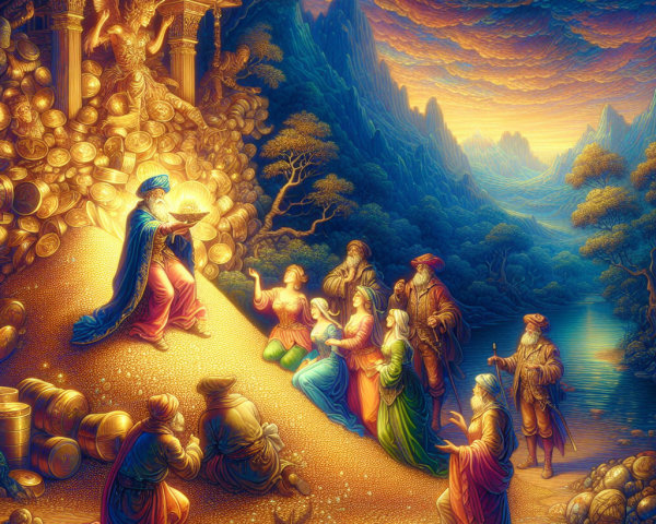 Majestic figure on throne amid treasures and mountains