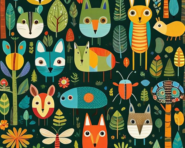 Colorful Folk Art Illustration of a Whimsical Forest