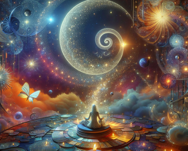 Meditative Figure in a Spiraling Galaxy Landscape