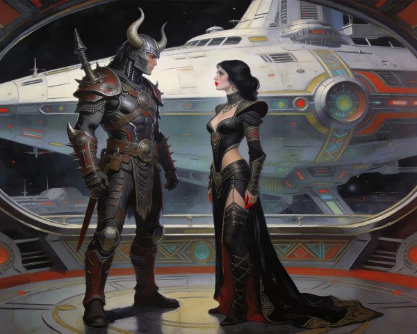 Medieval Warrior and Sorceress on Space Platform Scene