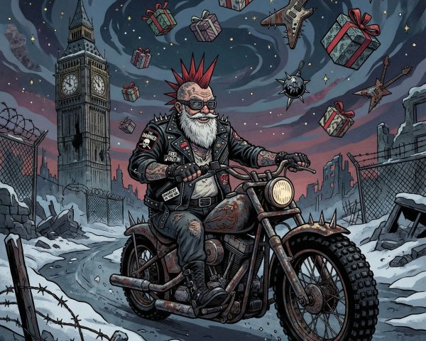 Punk Rock Santa on Motorcycle by Big Ben in Winter