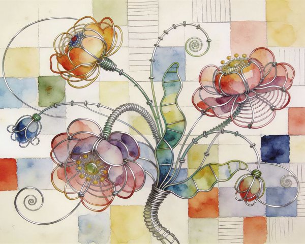 Vibrant Watercolor Painting of Wire and Stained Glass Flowers