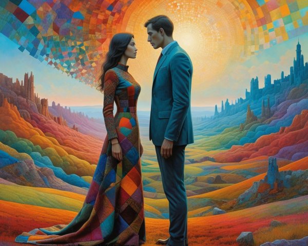 Couple in Surreal Landscape with Colorful Attire