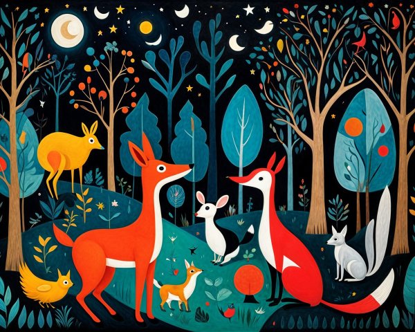 Whimsical Night Forest Scene with Colorful Animals