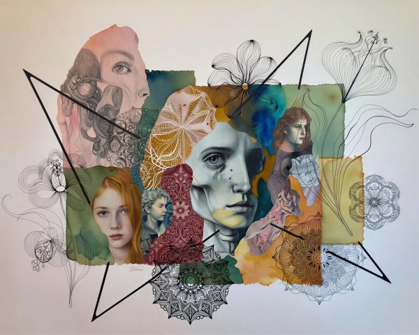 Collage Painting of Female Faces and Figures on White Background