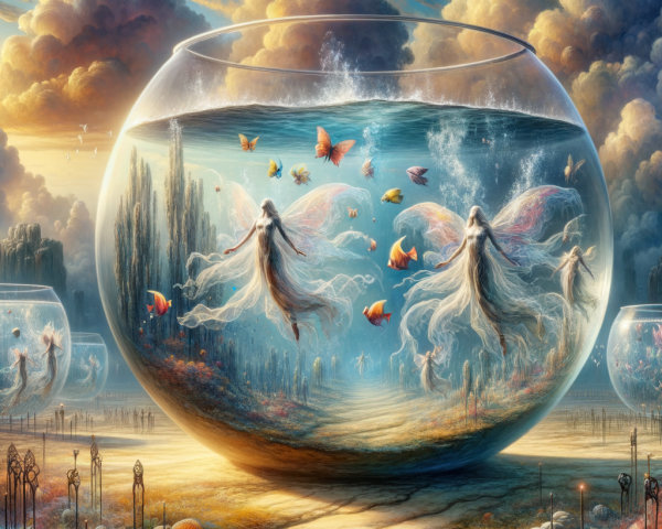 Surreal Landscape with Fairies in Glass Bowls