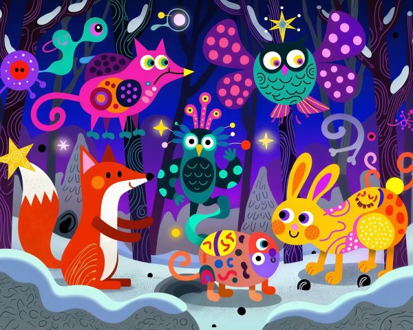 Whimsical Digital Illustration of Snowy Night Creatures