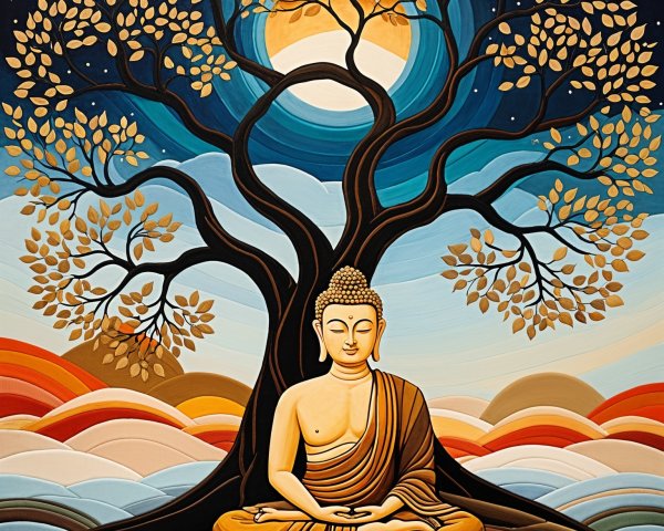 Buddha Figure Meditating Under a Golden Tree