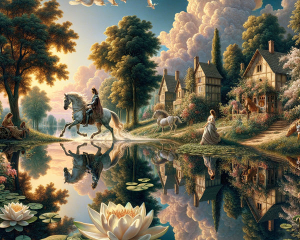 Fairytale Landscape with Cottages and Nature Elements
