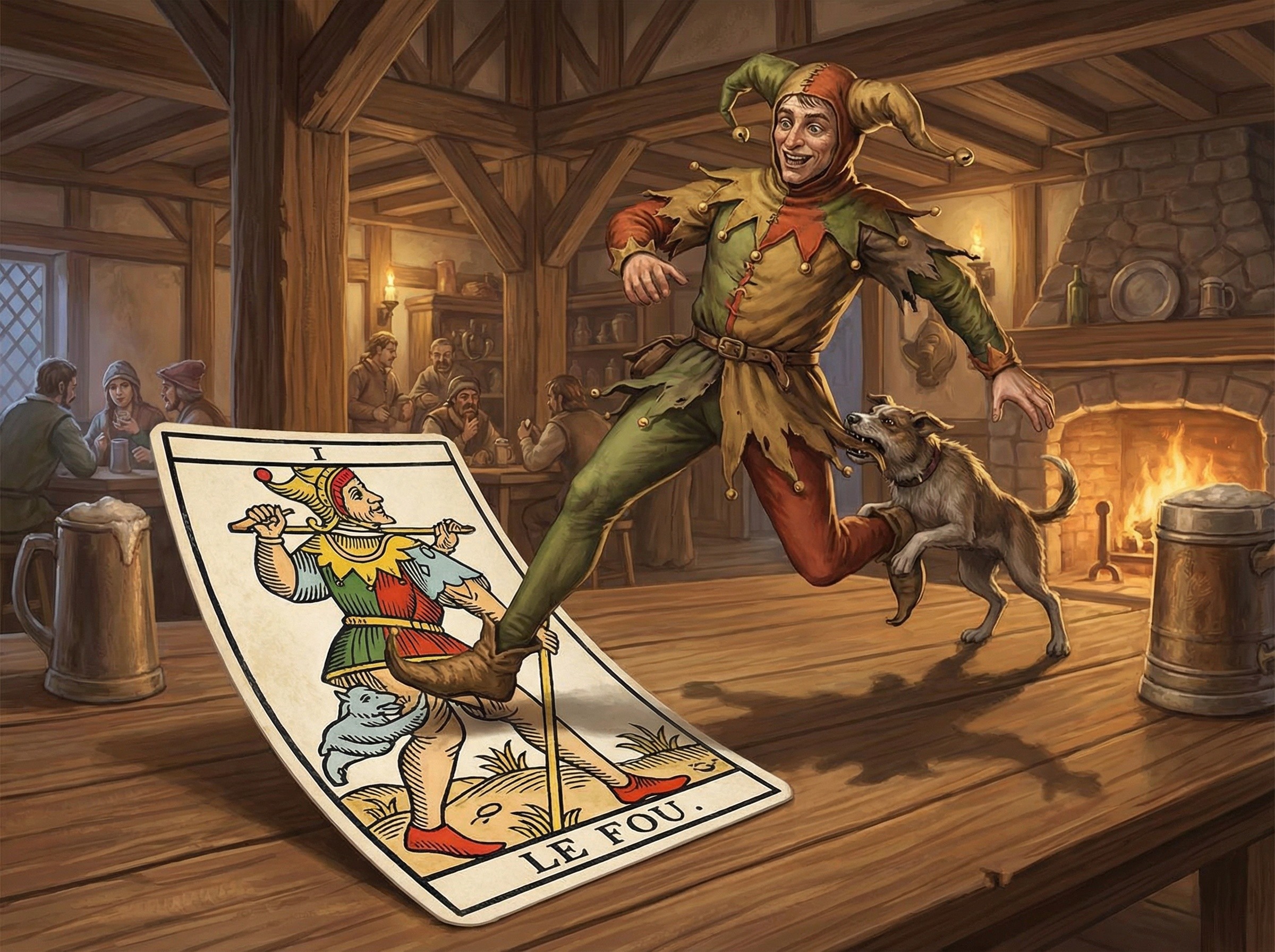 Photorealistic Jester Emerging from Tarot Card Scene