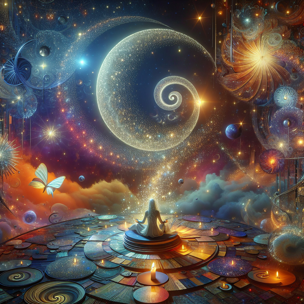 Meditative Figure in a Spiraling Galaxy Landscape