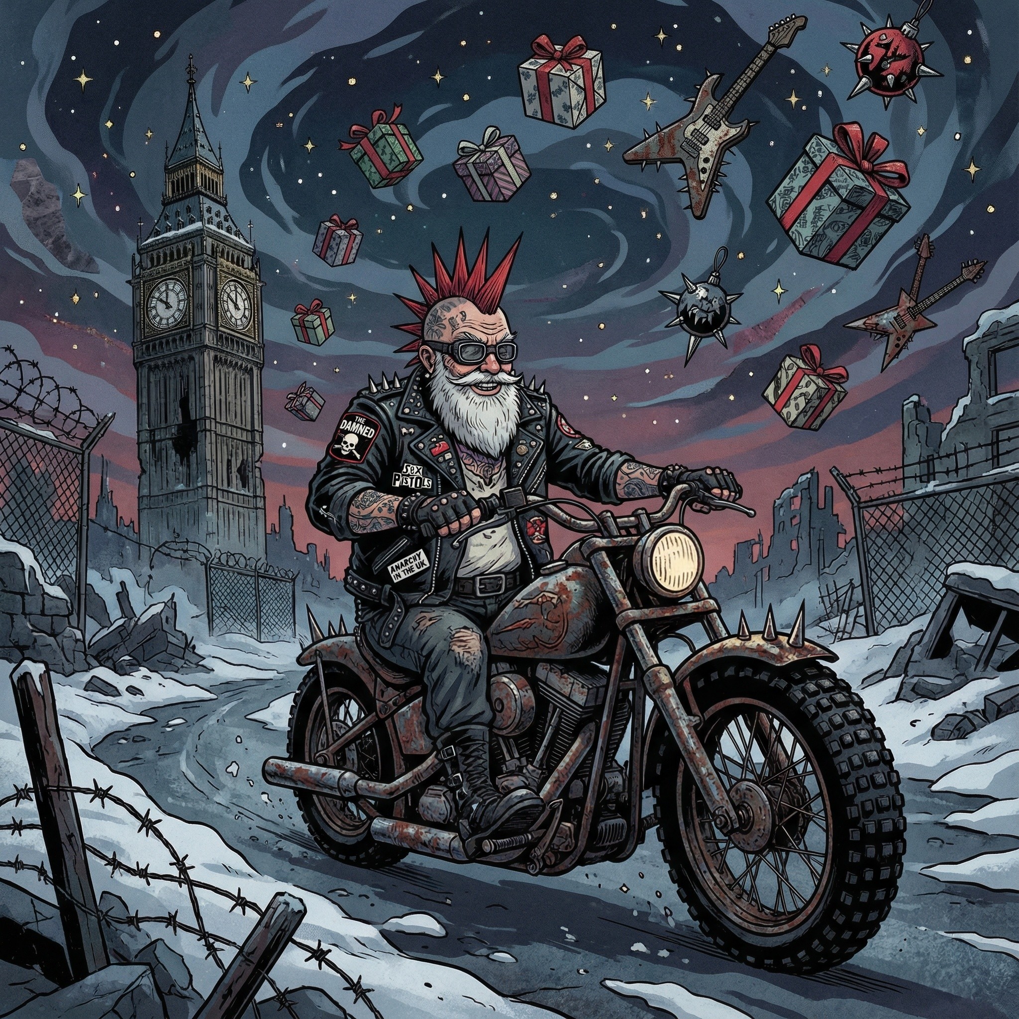 Punk Rock Santa on Motorcycle by Big Ben in Winter