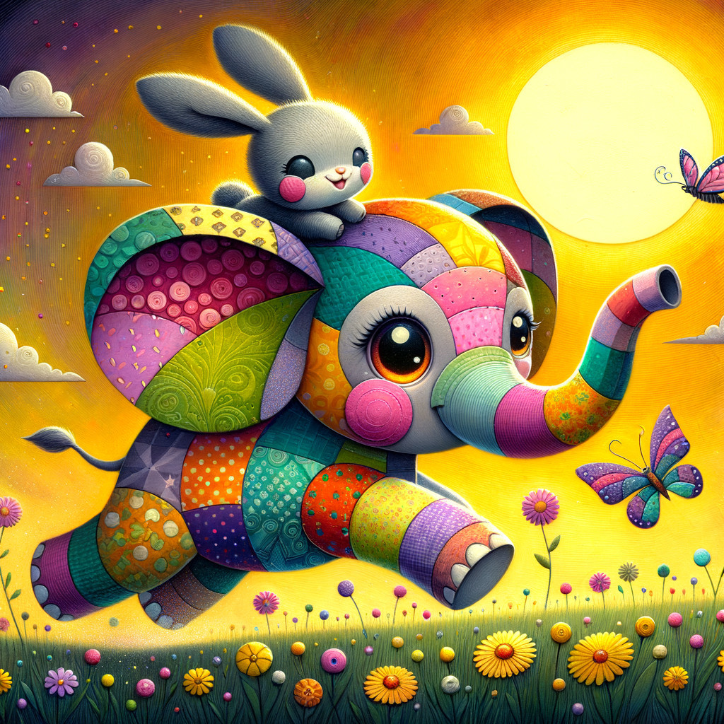 Vibrant Cartoon of Bunny Plush on Colorful Elephant