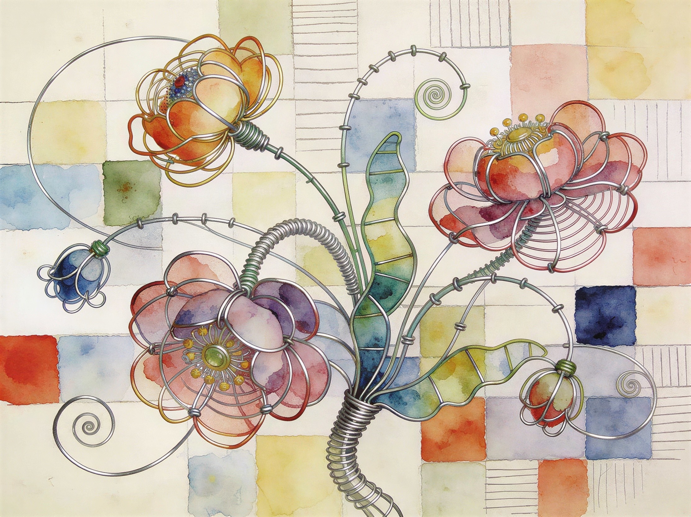 Vibrant Watercolor Painting of Wire and Stained Glass Flowers