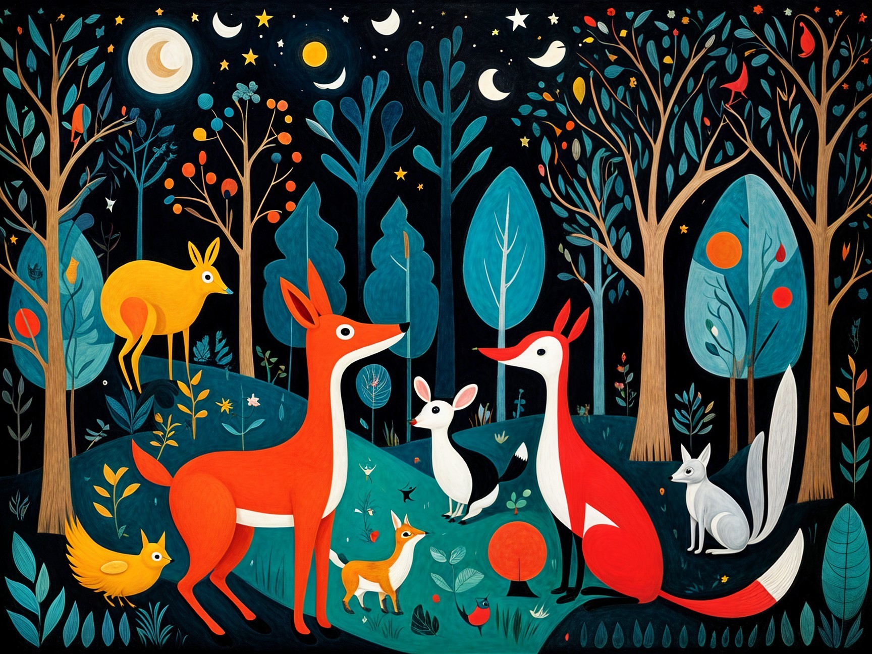 Whimsical Night Forest Scene with Colorful Animals