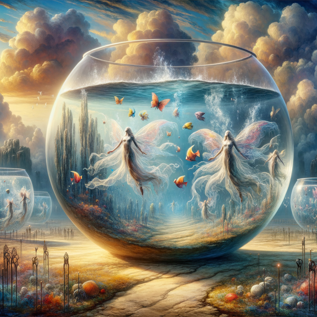 Surreal Landscape with Fairies in Glass Bowls