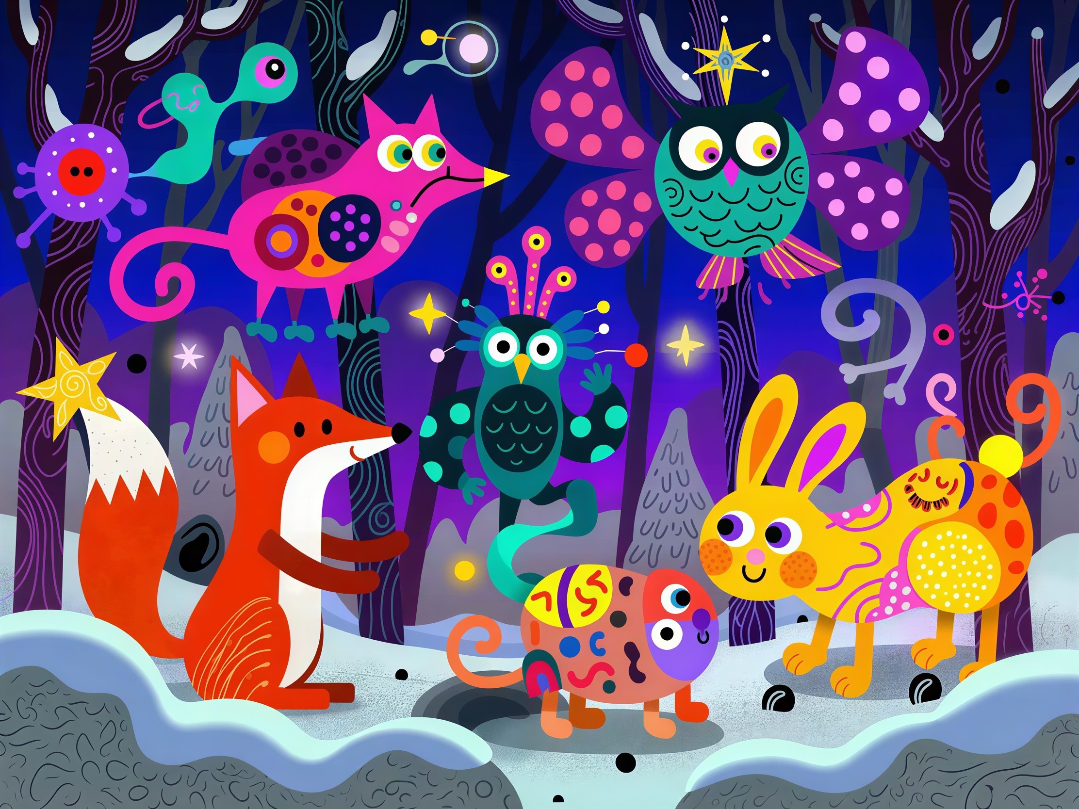 Whimsical Digital Illustration of Snowy Night Creatures