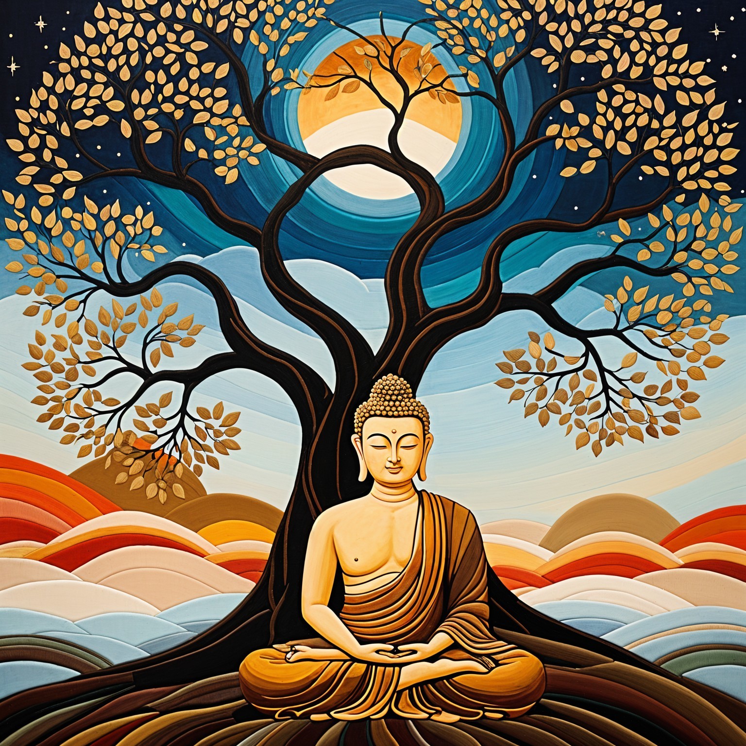 Buddha Figure Meditating Under a Golden Tree